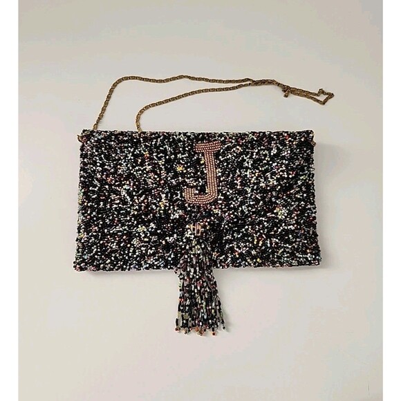 Vintage Moyna Mini Crossbody Evening Bag Purse Beaded Chain 80s 90s Monogram J - Picture 1 of 9